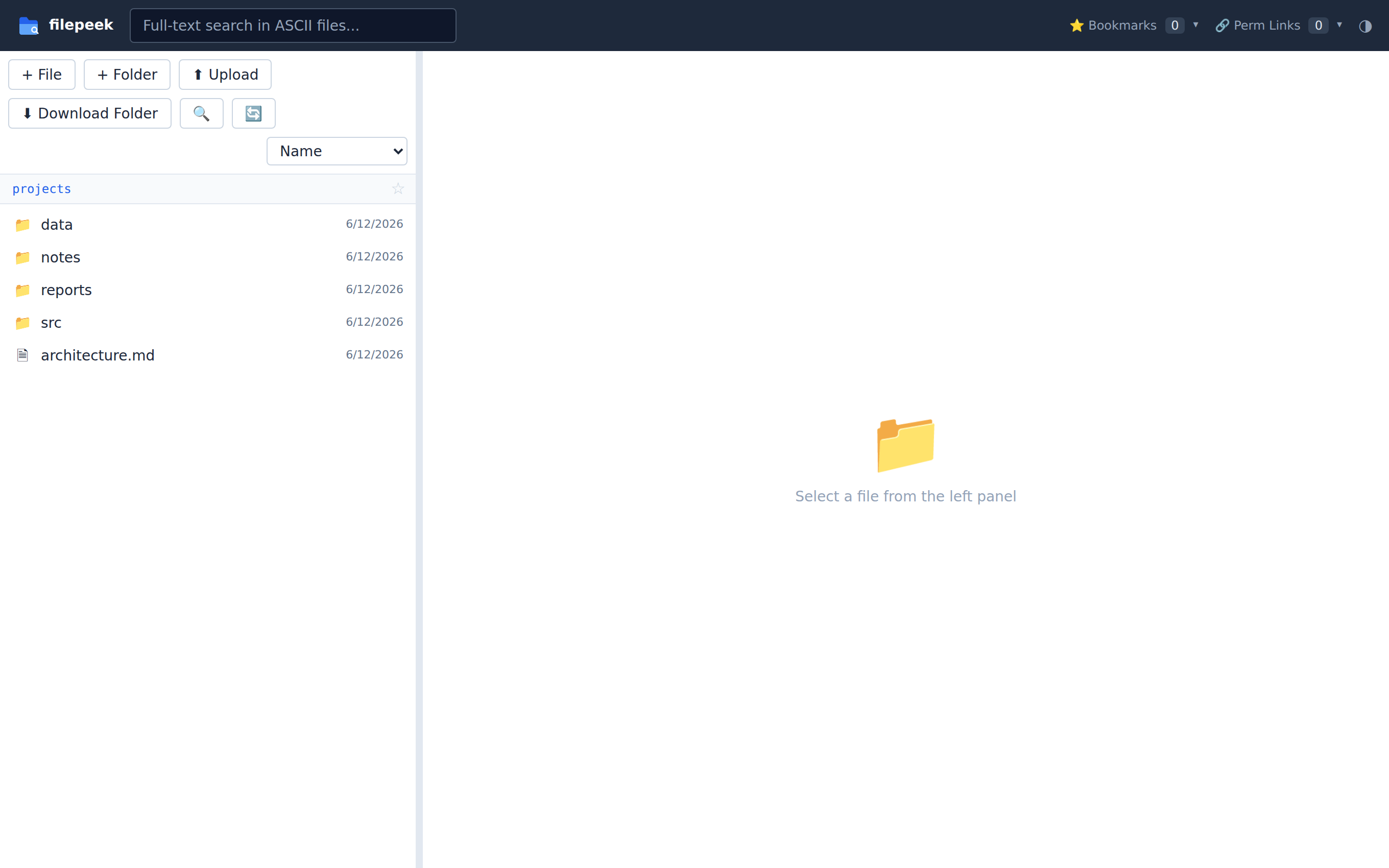 filepeek file browser: a folder tree and file list with inline previews