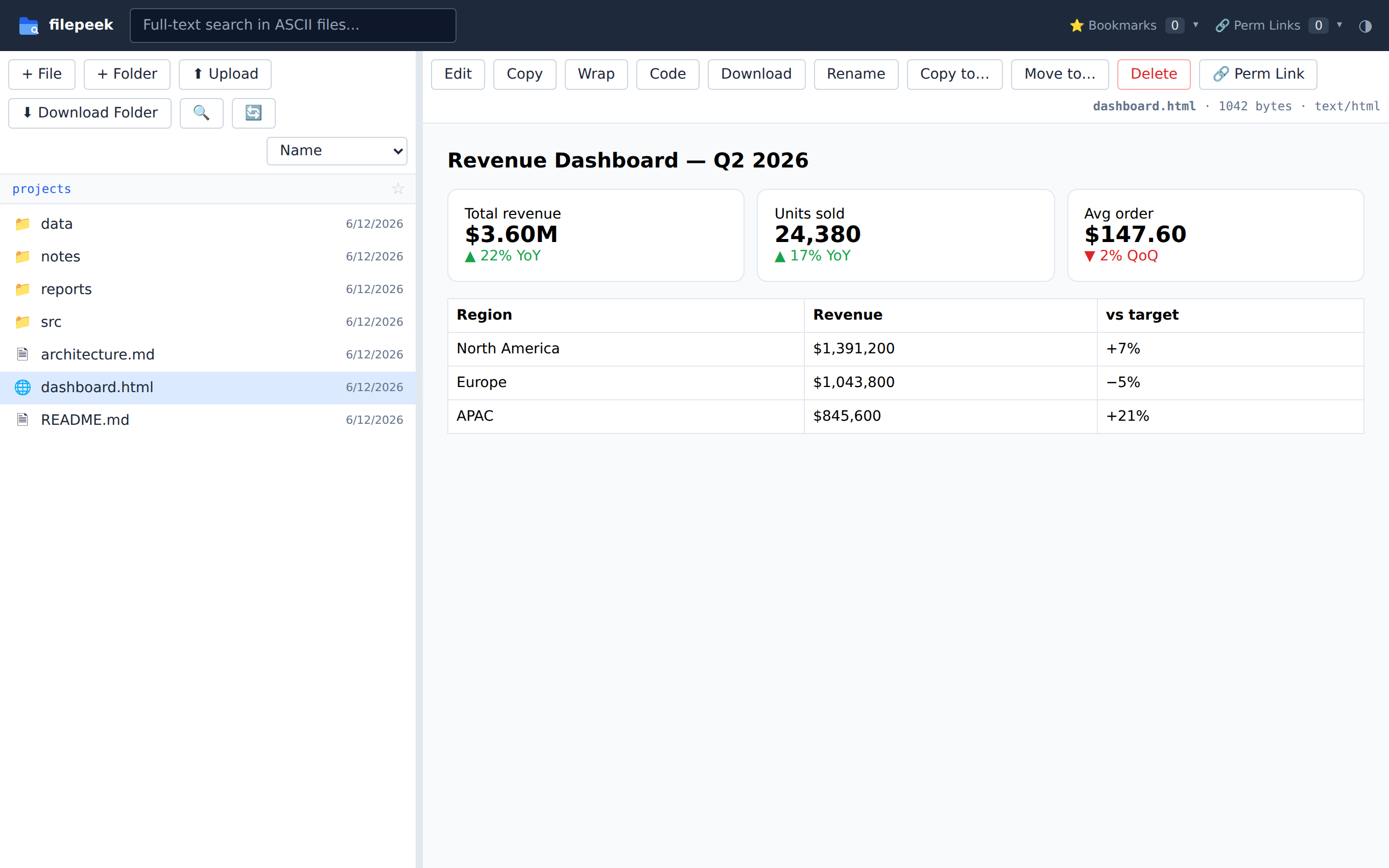 HTML dashboard served directly inside filepeek