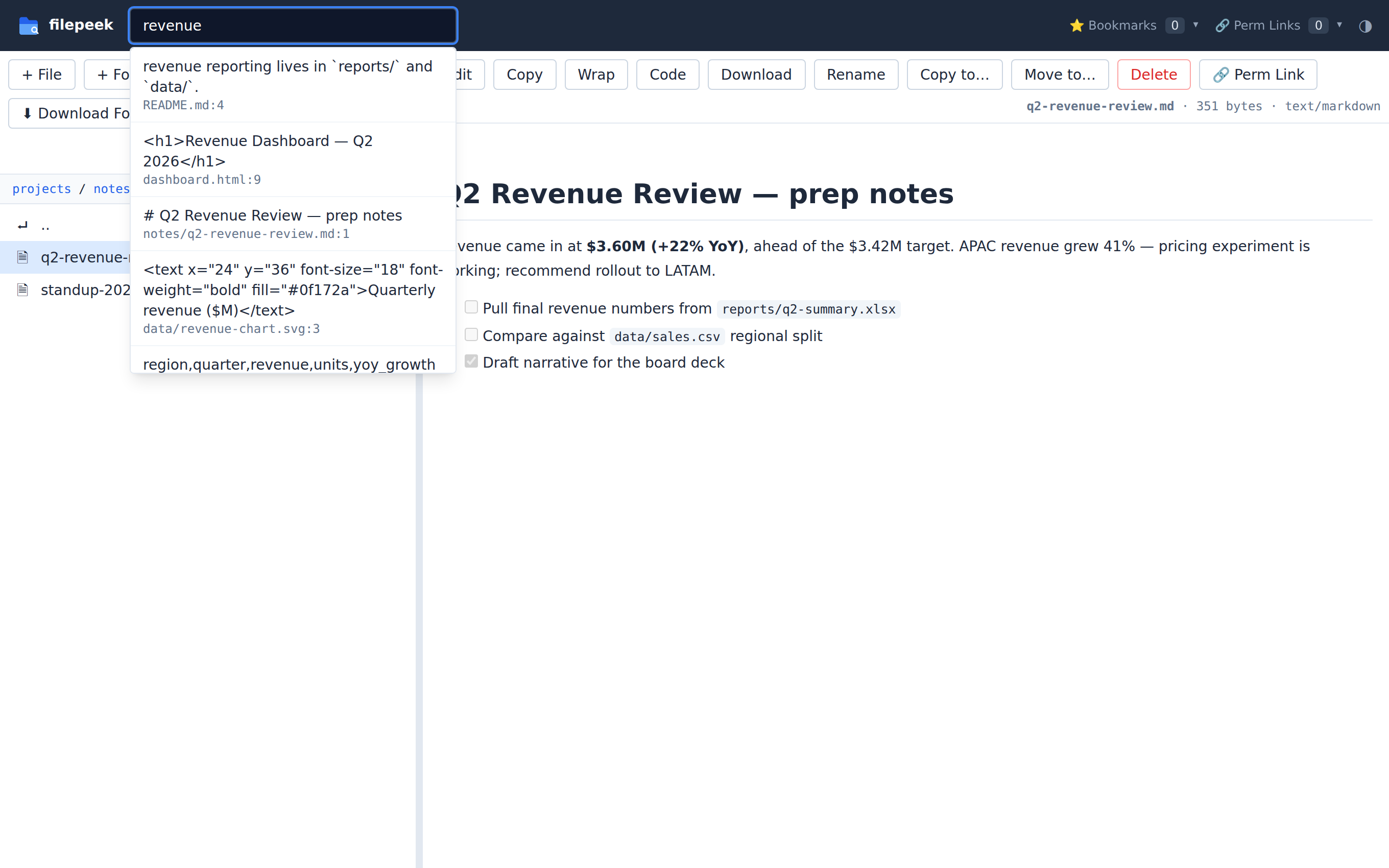 Full-text search results across file names and contents