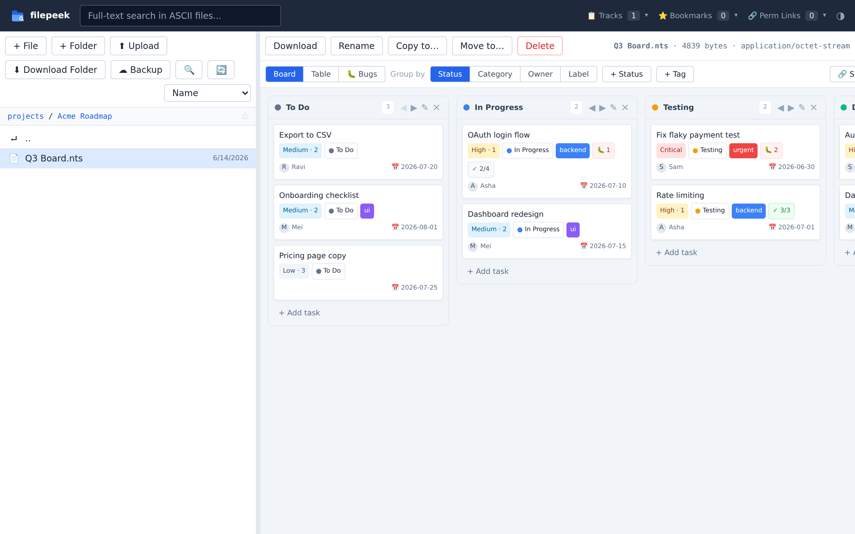 Tracks task board: kanban columns of cards with priorities, owners, labels, checklist progress, and bug counts
